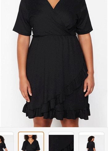 Siyah V Yakalı Fırfırlı Midi Elbise - Görsel 2