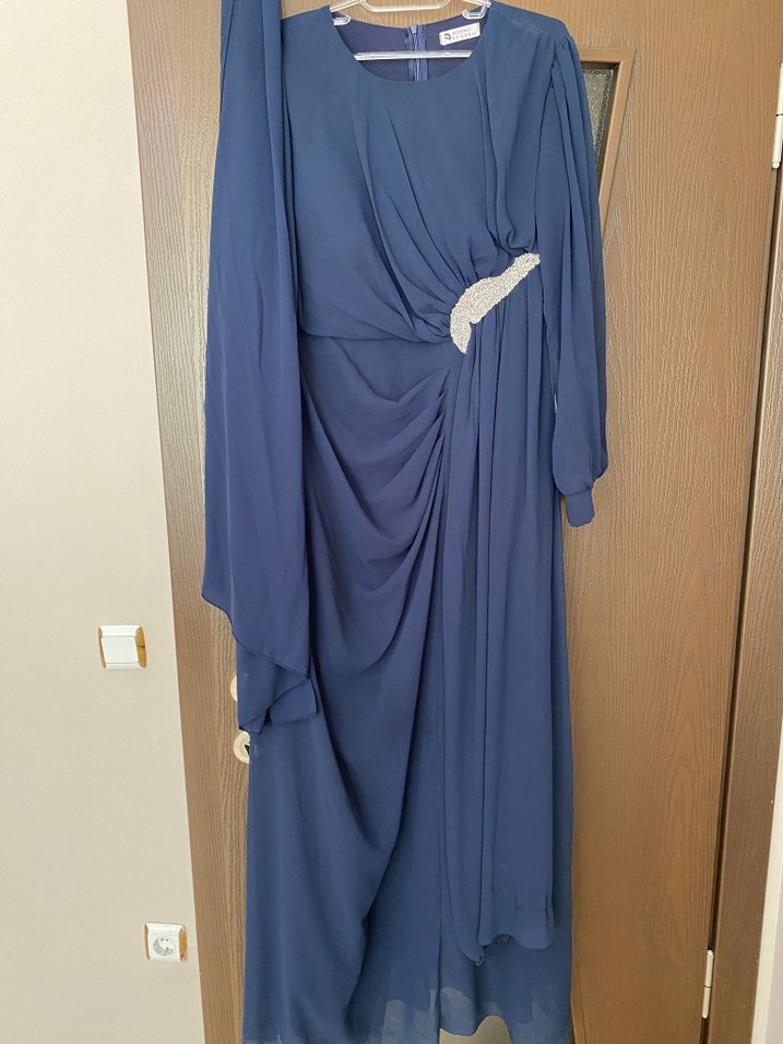 Lacivert Uzun Drapeli Tesettür Elbise - Görsel 2