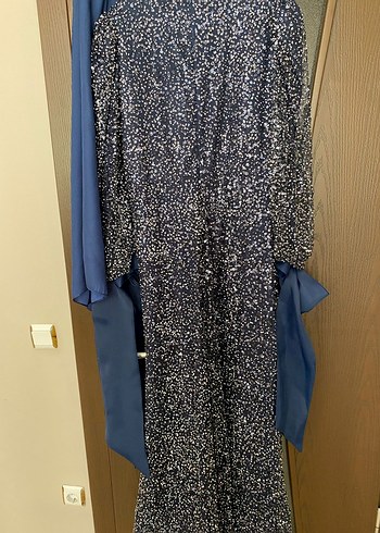 Uzun Kollu Mavi  Abiye Elbise - Görsel 2