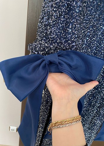 Uzun Kollu Mavi  Abiye Elbise - Görsel 4