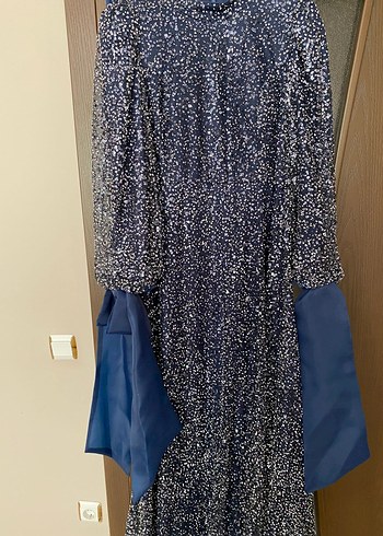 Uzun Kollu Mavi  Abiye Elbise - Görsel 3