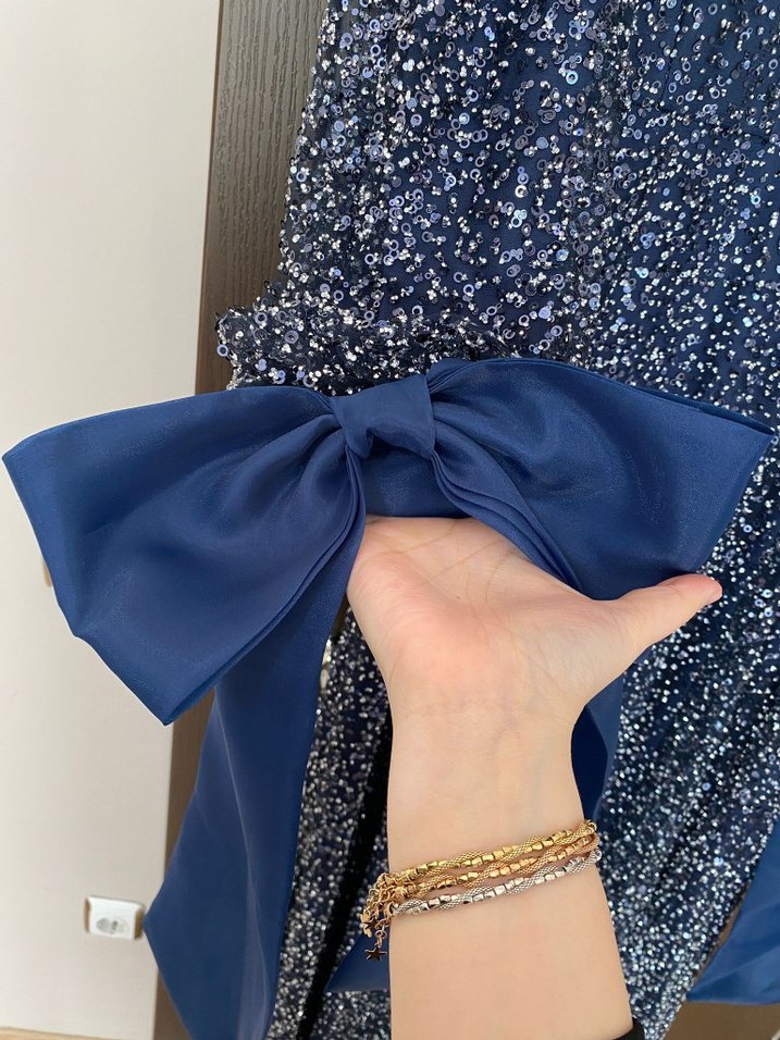 Uzun Kollu Mavi  Abiye Elbise - Görsel 4