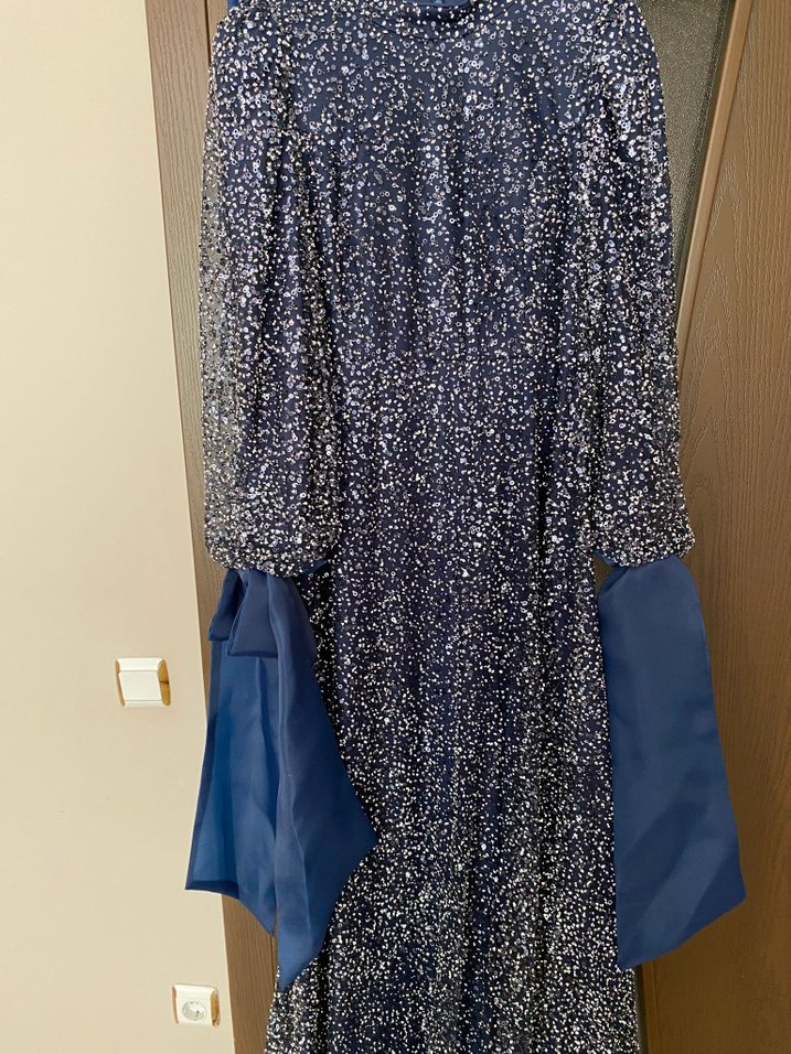 Uzun Kollu Mavi  Abiye Elbise - Görsel 3