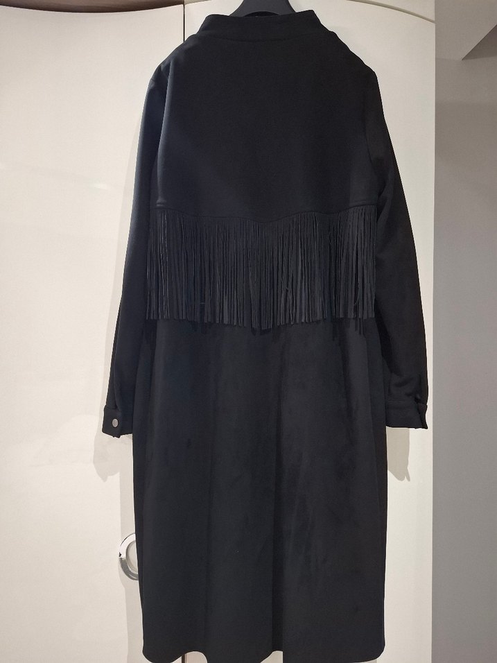 Düğmeli Siyah Süet Kadın Uzun Kaban - Görsel 2