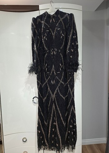 Boncuk İşlemeli Siyah Uzun Abiye Elbise - Görsel 2