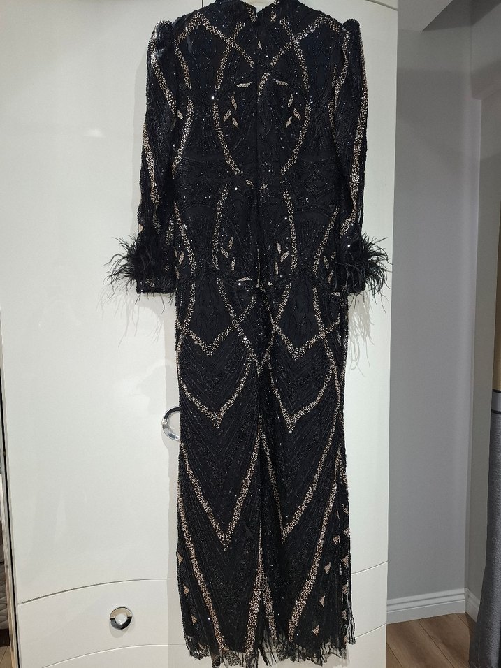 Boncuk İşlemeli Siyah Uzun Abiye Elbise - Görsel 3