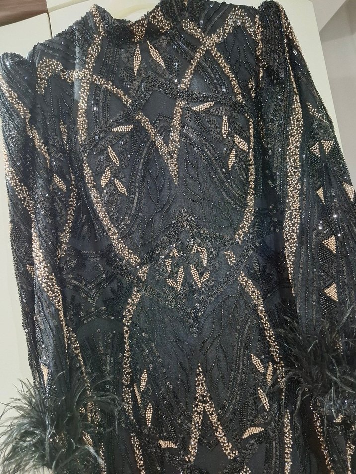 Boncuk İşlemeli Siyah Uzun Abiye Elbise - Görsel 5