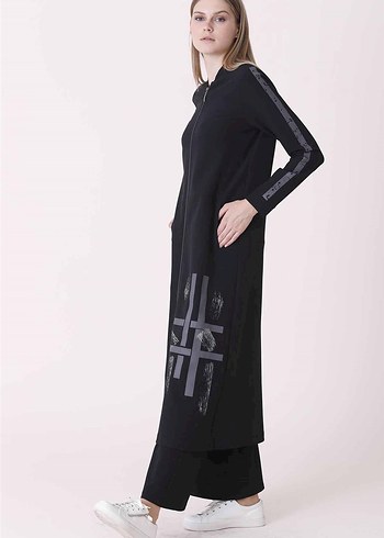 Uzun Siyah Kadın Spor Tarz Eşofman - Görsel 2