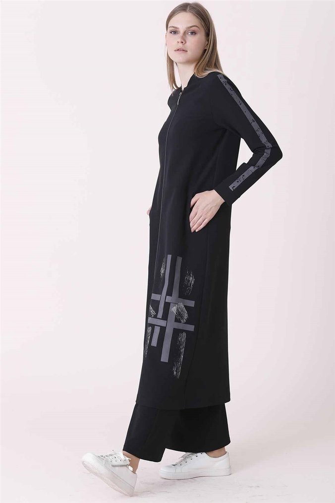 Uzun Siyah Kadın Spor Tarz Eşofman - Görsel 2