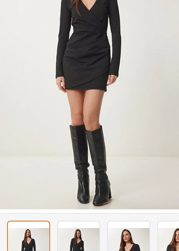 Siyah V Yaka Drapeli Mini Elbise - Görsel 2