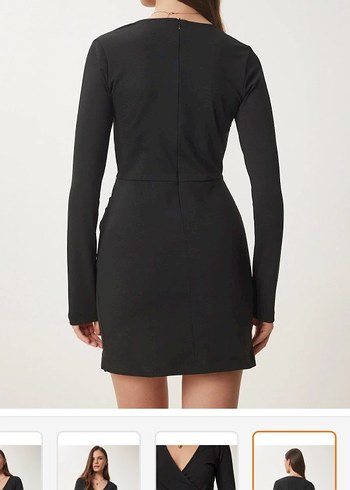 Siyah V Yaka Drapeli Mini Elbise - Görsel 4