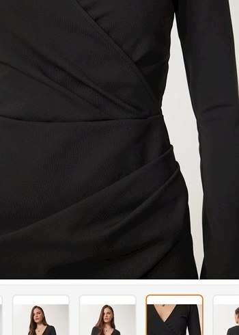 Siyah V Yaka Drapeli Mini Elbise - Görsel 3