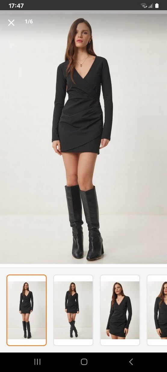 Siyah V Yaka Drapeli Mini Elbise - Görsel 2