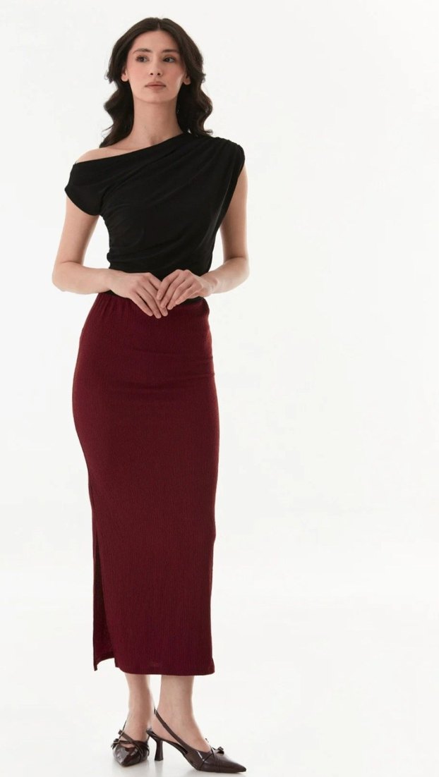 Fullamoda bordo renk lastikli uzun yırtmaçlı bürümcük kumaş etek - Görsel 3