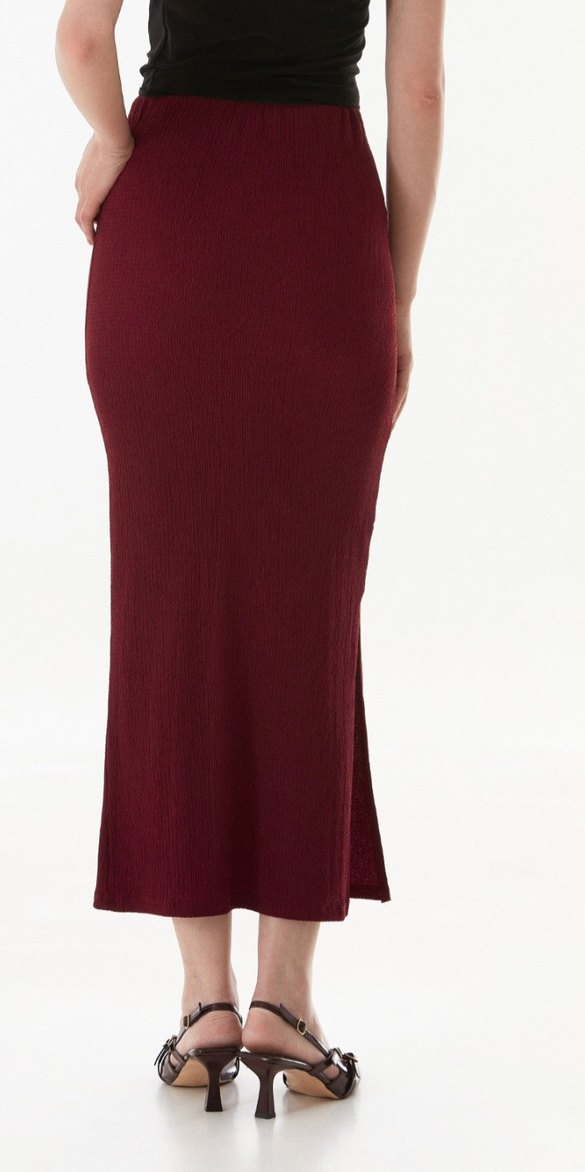 Fullamoda bordo renk lastikli uzun yırtmaçlı bürümcük kumaş etek - Görsel 4