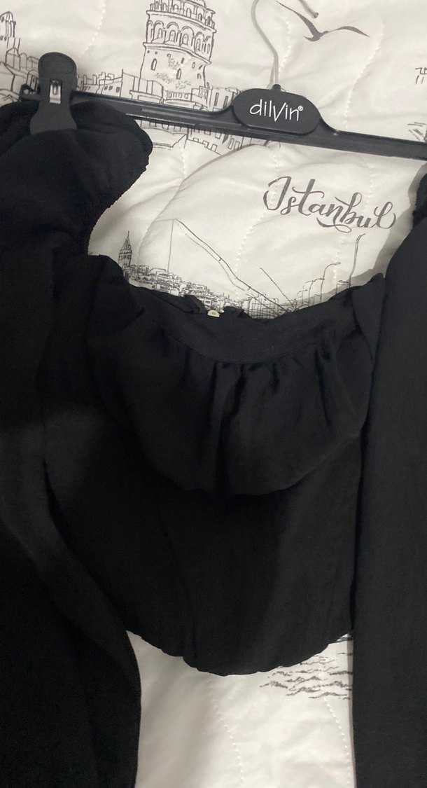 Siyah Straplez Uzun Kollu Keten Bluz - Görsel 2