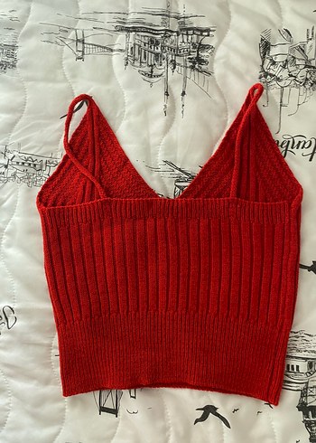 Diğer Kırmızı V Yaka Örgü Kadın Crop Top