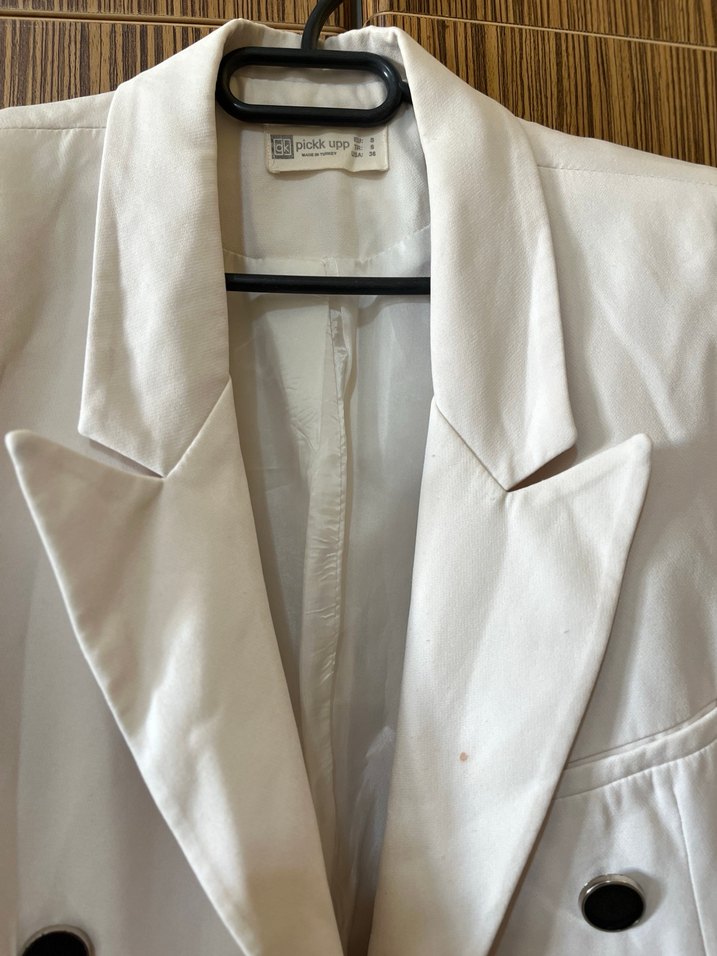 Düğmeli Beyaz Midi Kadın Blazer Ceket - Görsel 2