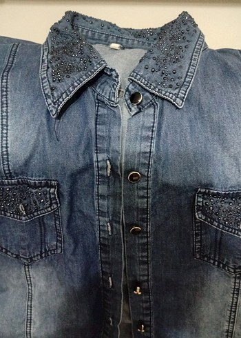 Zara Tasli Mavi Denim Gomlek