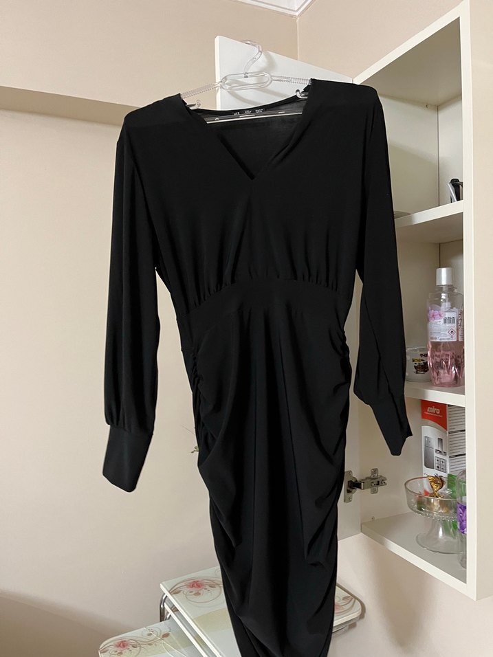 Siyah Drapeli Straplez Mini Elbise - Görsel 3