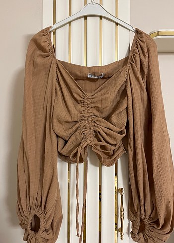 Kahve Keten Drapeli Uzun Kollu Mini Bluz - Görsel 3