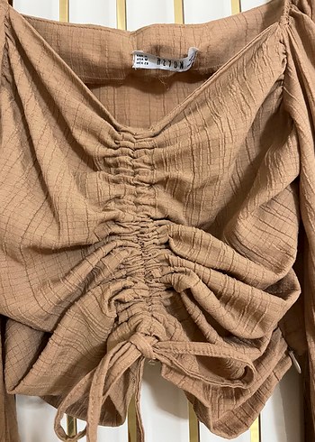 Kahve Keten Drapeli Uzun Kollu Mini Bluz - Görsel 4
