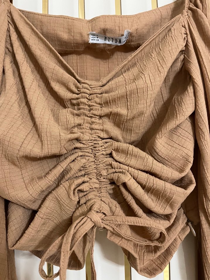 Kahve Keten Drapeli Uzun Kollu Mini Bluz - Görsel 4