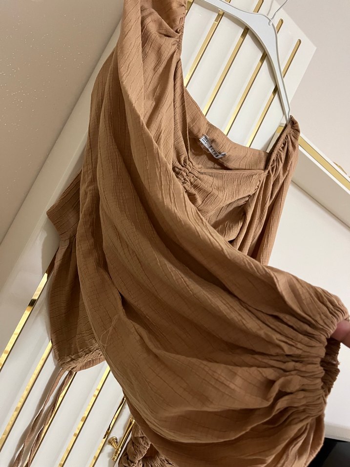 Kahve Keten Drapeli Uzun Kollu Mini Bluz - Görsel 2