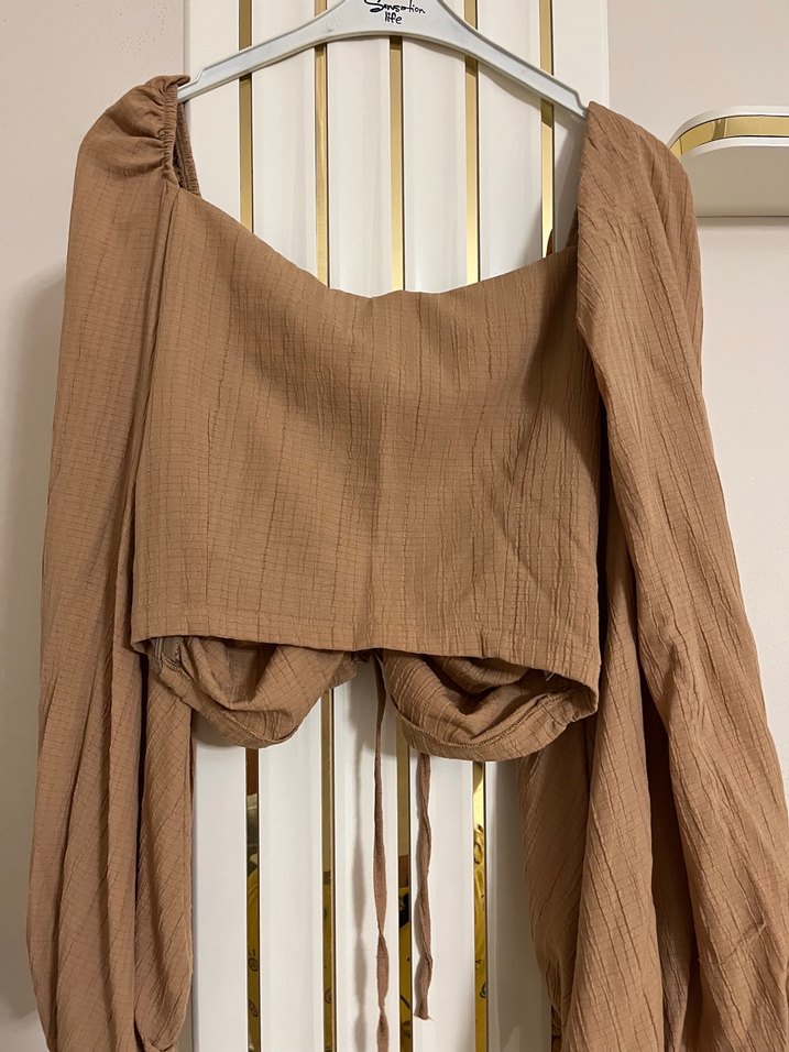 Kahve Keten Drapeli Uzun Kollu Mini Bluz - Görsel 5
