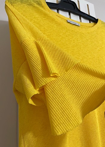Sarı Triko Kadın Bluz, Kısa Kollu, Salaş Kesim - Görsel 2