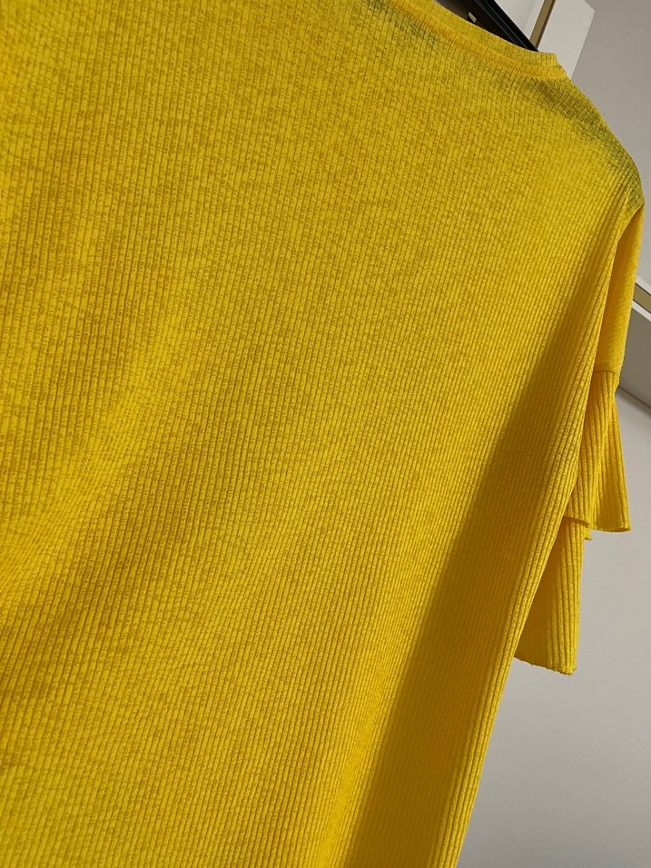 Sarı Triko Kadın Bluz, Kısa Kollu, Salaş Kesim - Görsel 3