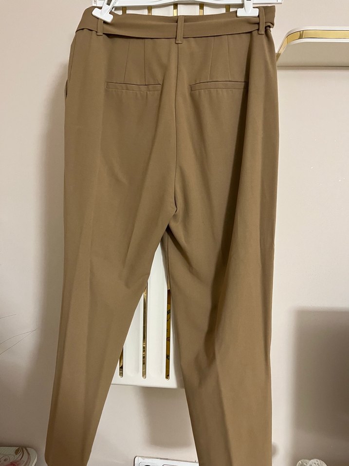 Bej Kemerli Midi Kumaş Kadın Pantolon - Görsel 3