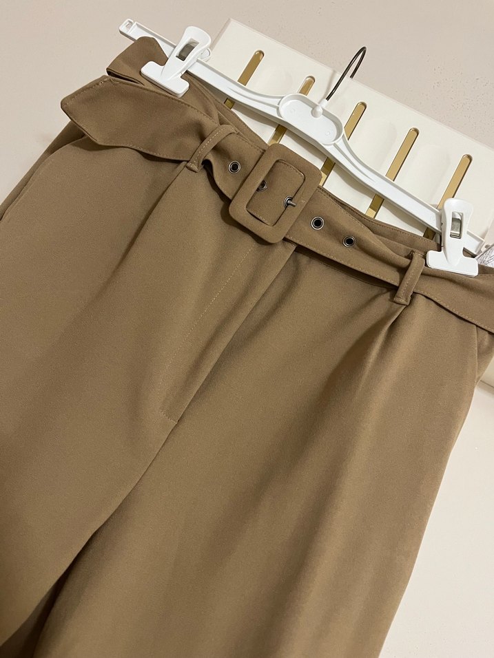 Bej Kemerli Midi Kumaş Kadın Pantolon - Görsel 2