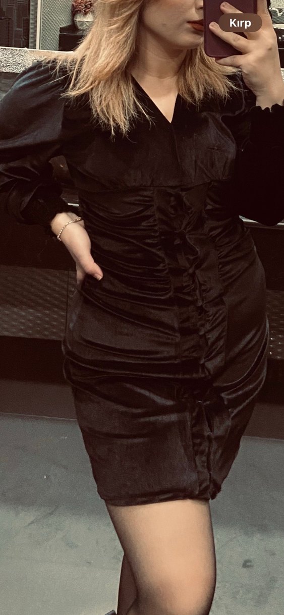 Düğmeli Siyah kadife mini  Kadın Elbise - Görsel 2