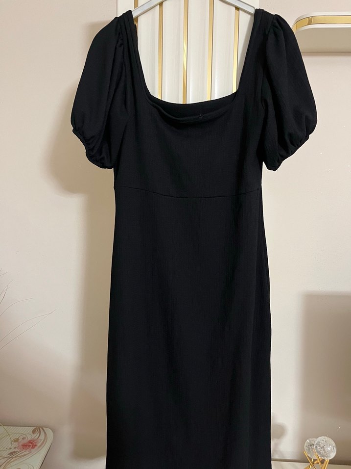 Siyah Midi Kadın Elbise, Tek Renk, Kısa Kollu - Görsel 3