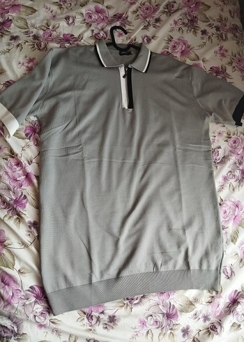 l Beden Gri Fermuarlı Triko Polo Tişört