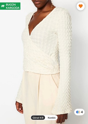 Kruvaze Yaka, Kemerli Beyaz Mini Bluz - Görsel 3