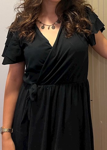 Siyah V Yaka Midi Elbisesi - Görsel 3