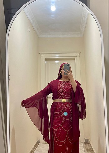 Bordo Uzun Kol Etkili Kadın Kına Elbisesi - Görsel 2