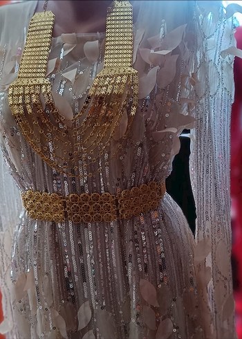 Bej İşlemeli Uzun V Yaka Kadın Hint Elbisesi - Görsel 2