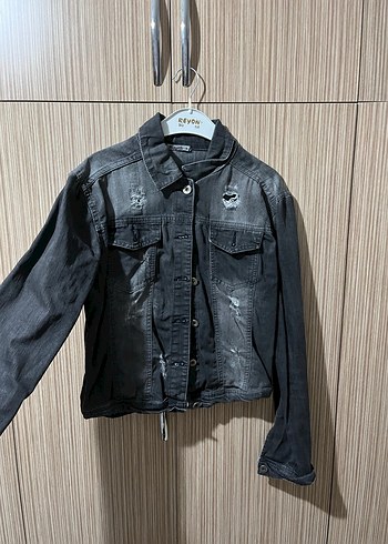 Düğmeli Gri Kadın Denim Ceket - Görsel 3