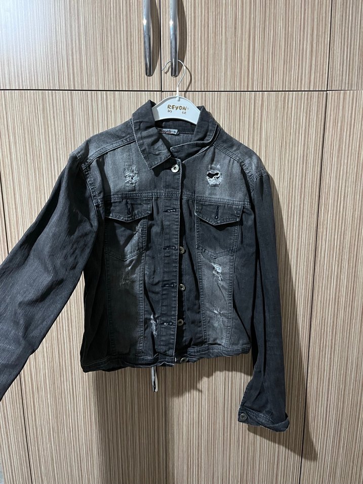 Düğmeli Gri Kadın Denim Ceket - Görsel 3