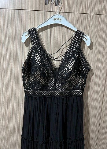 Dantel Detaylı Siyah Uzun Bohem Elbise - Görsel 2