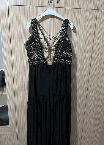 Dantel Detaylı Siyah Uzun Bohem Elbise - Görsel 4