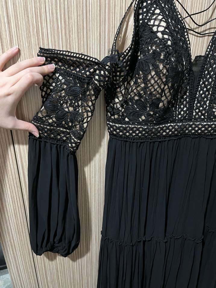 Dantel Detaylı Siyah Uzun Bohem Elbise - Görsel 3