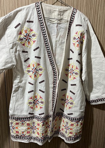 Nakışlı Uzun Beyaz Bohem Kadın Kimono - Görsel 2
