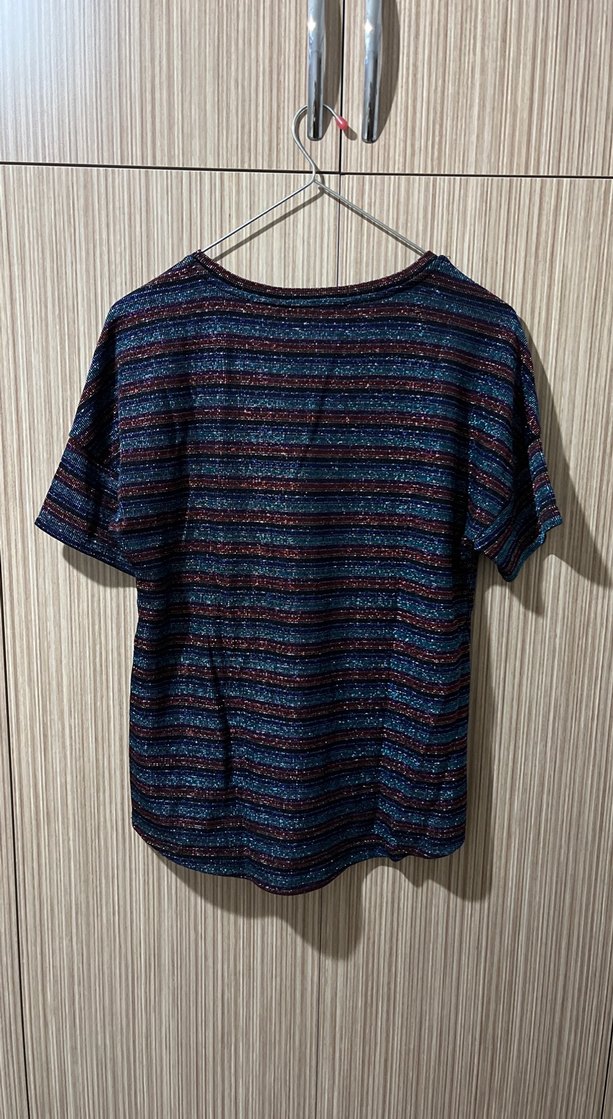 Çizgili Kısa Kollu Triko Bluz - Görsel 3