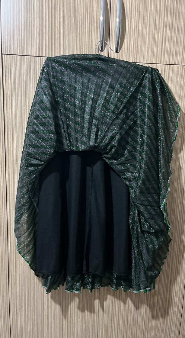 Parlak Yeşil Çizgili Pilili Uzun Etek - Görsel 4