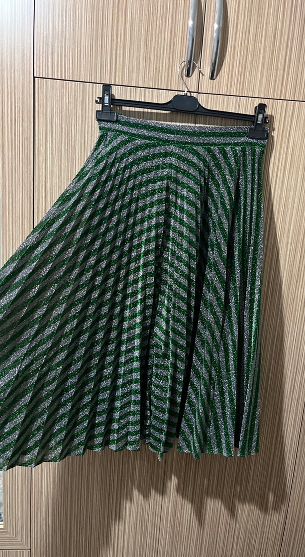 Parlak Yeşil Çizgili Pilili Uzun Etek - Görsel 3