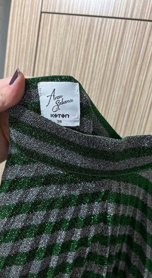 Parlak Yeşil Çizgili Pilili Uzun Etek - Görsel 5